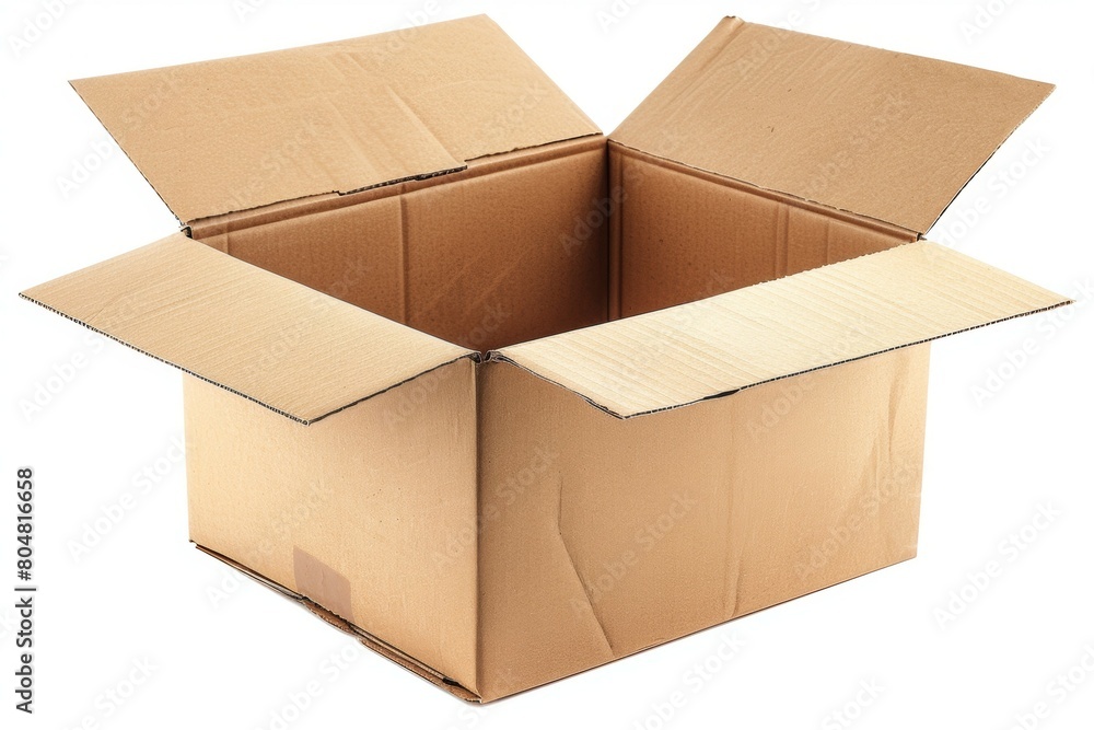 A cardboard box is empty and sits on a white background