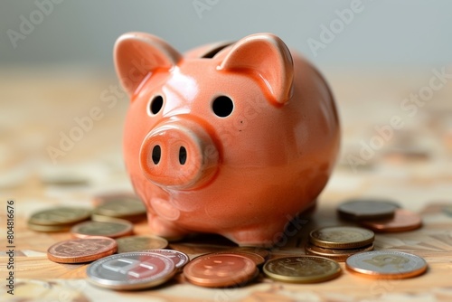 A piggy bank with coins on top of it