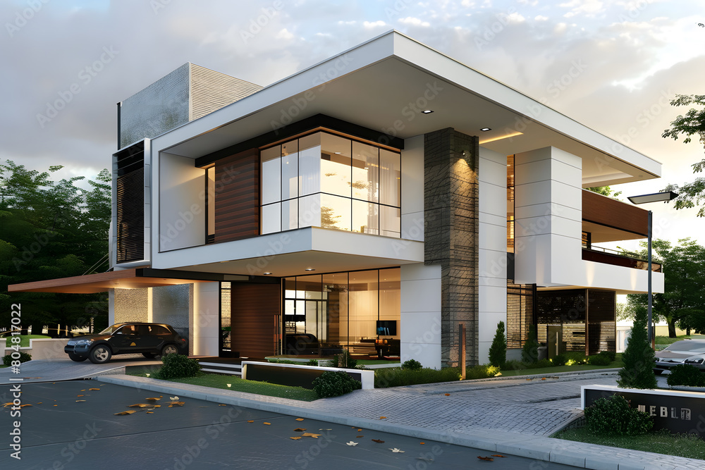 Modern contemporary illuminated house design exterior. Luxurious new construction home with panoramic windows, pool, patio