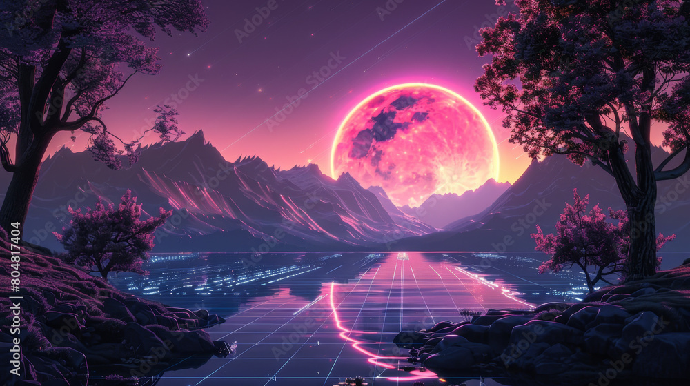A synthwave landscape with mountains, trees and the moon in front of an endless grid lake. A huge pink sun is rising over the horizon. The sky has purple tones. Retro wave style with vibrant colors.
