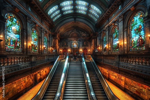 Transportation History Unveiled  Stunning Railway Station Vaulted Ceiling   Stained-Glass Windows