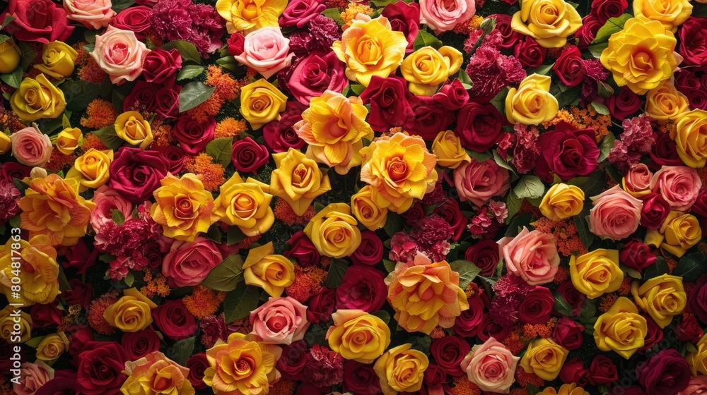 The pink backdrop adorned with vibrant yellow and red roses sets the perfect stage for occasions like birthdays Valentine s Day Mother s Day weddings and engagements The pink backdrop adorned with vibrant yellow and red roses sets the perfect stage for occasions like birthdays Valentine s Day Mother s Day weddings and engagements