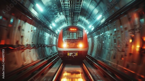 A modern train travels in a tunnel underground. Modern aesthetic background. Subway in the metropolis. Generative AI