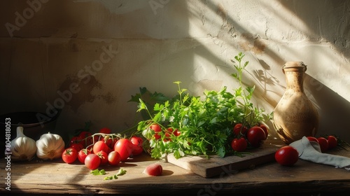 A portrait of wooden table with a variety of colorful vegetables such as tomato and green leaves vegetable with background of a light shine at wall with a window. Food preparation concept. AIG42.