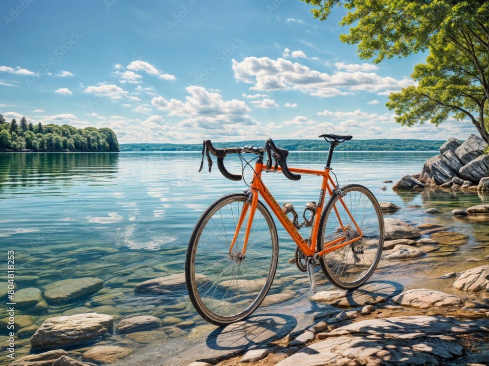 Fototapeta premium Bicycle on the shore of the lake in a beautiful summer day