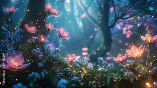 Enchanted Fairy Garden Overrun with Bioluminescent Blossoms Shimmering in the Ethereal Night photo