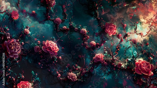 Floral Fantasia Fractal Infused Rose Vines Unraveling into Spiraled Geometries