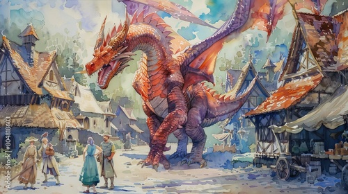 Watercolor of a friendly dragon visiting a medieval village, its scales a brilliant array of colors, as it gently interacts with enchanted villagers photo