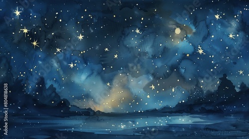 Watercolor of a nighttime sky where stars form the shapes of letters, inspiring curiosity about the alphabet and astronomy photo