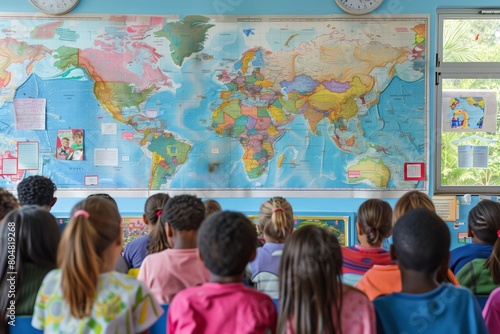 A classroom with a world map on the wall and students from different cultural backgrounds