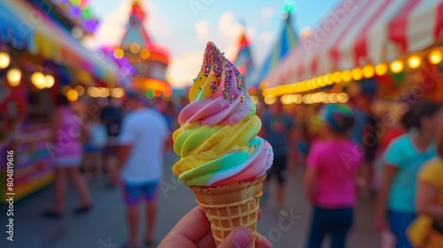 Hand holding colorful ice cream in an amusement park © Kaleb