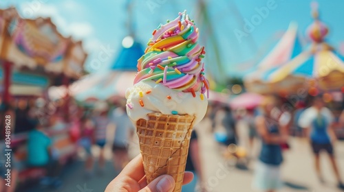 Hand holding colorful ice cream in an amusement park