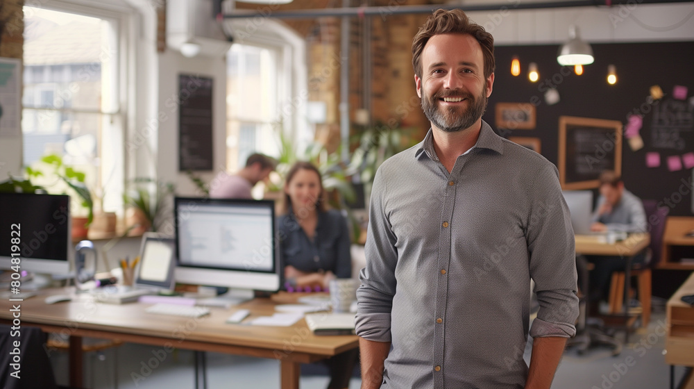 Fototapeta premium Portrait of a smiling young businessman standing in his trendy office 