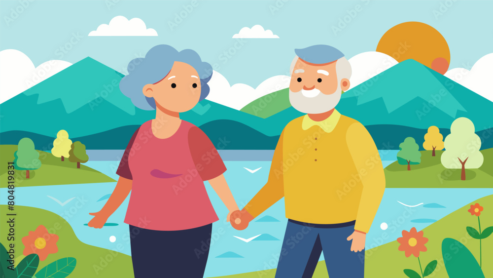 A smiling senior couple holding hands as they take a walk around a peaceful lake enjoying the warm sun on their faces.. Vector illustration