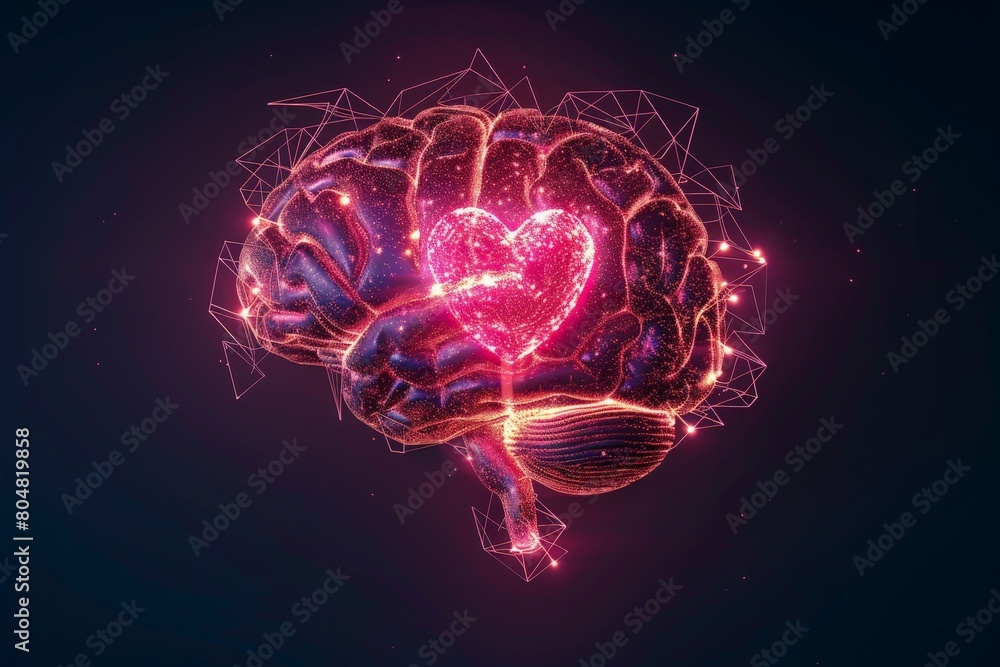 Illuminated Brain Illustration Featuring Heart-Shaped Neural Connections Against black Background Illuminated Brain Illustration Featuring Heart-Shaped Neural Connections Against black Background