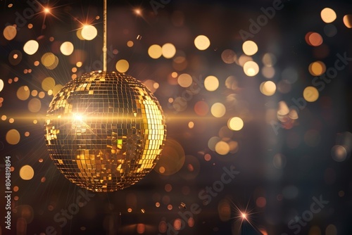 Golden disco ball on background with glowing lights and bokeh effect	

