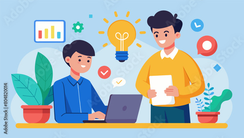 A mentor and mentee participating in an entrepreneurship program with the mentor helping the mentee develop and launch their own business idea.. Vector illustration