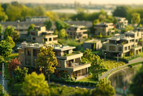Architectural model of a residential neighborhood with modern houses, vegetation, trees and lake in the background