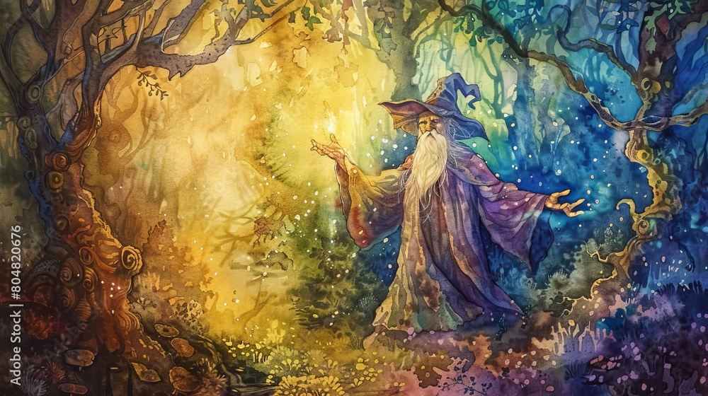 Watercolor of a wise old wizard casting spells in an enchanted forest ...