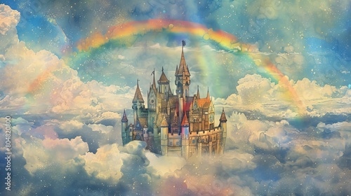 Watercolor painting of a fairy castle floating on clouds, a rainbow arching overhead, creating a backdrop full of possibilities and dreams