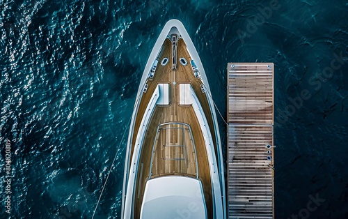 Aerial drone top down nose photo of luxury exotic yacht with anchored wooden deck 