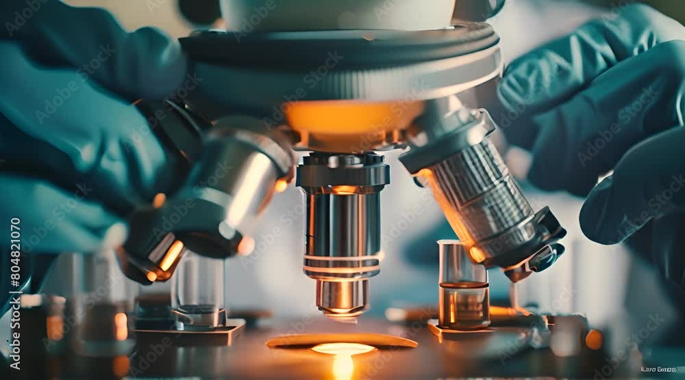 Close up of a scientists hands in blue gloves working in the laboratory with machine. Close up of a scientists hands in blue gloves working in the laboratory with machine.