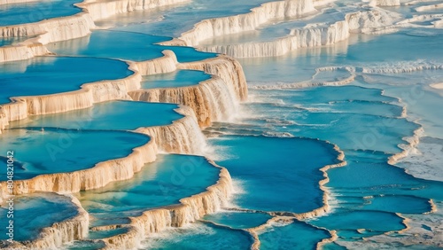 Landscape view of pamukkale   s travertines or white calcium terraces filled with turquoise thermal waters  showcasing nature   s artistry
