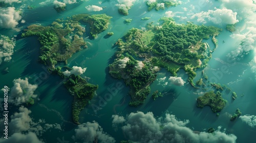 A world map made of green forest, seen from above, with lakes and clouds in the background, island shaped like a world map