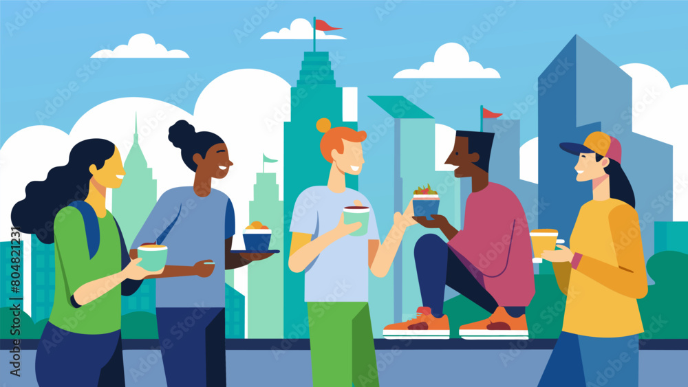 Obraz premium On the rooftop of a city skyscr a group of likeminded sneaker lovers gather to admire each others collections of ecofriendly kicks while sipping on. Vector illustration