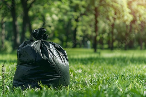 Black garbage bag on green grass in the park with trees in the background