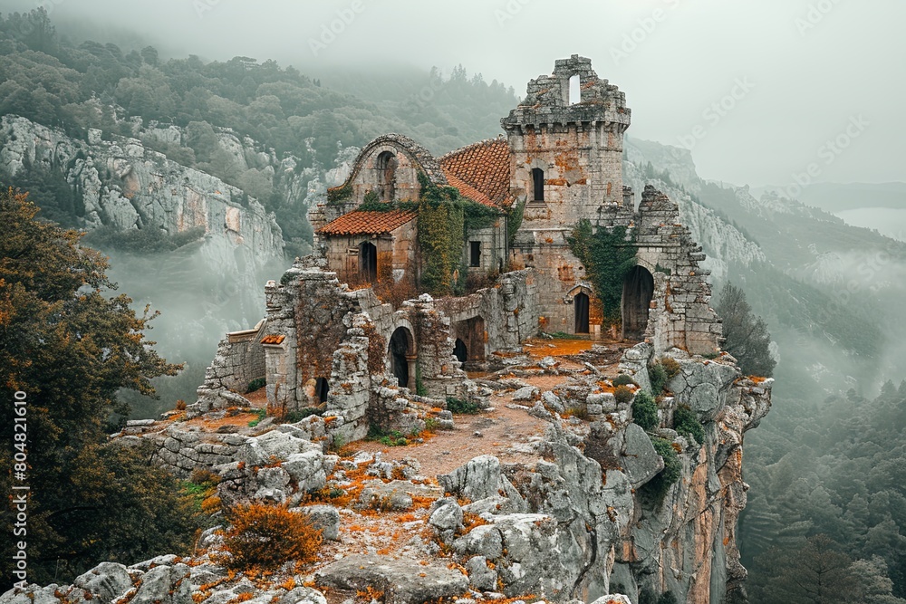 Ancient Castle: Architecture Design of Crumbling Stone Walls, Ivy