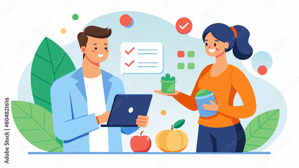Collaborating with a nutritionist the coach creates a comprehensive wellness plan for a client that incorporates both healthy eating and regular. Vector illustration Collaborating with a nutritionist the coach creates a comprehensive wellness plan for a client that incorporates both healthy eating and regular. Vector illustration