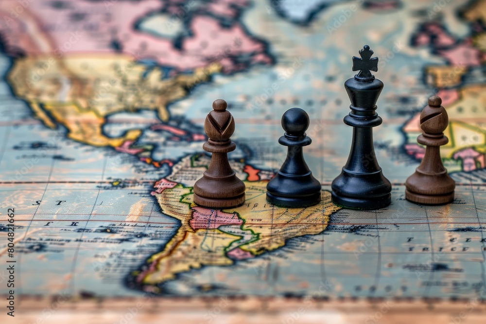 Chess Pieces Strategically Placed on a World Map Chess Pieces Strategically Placed on a World Map