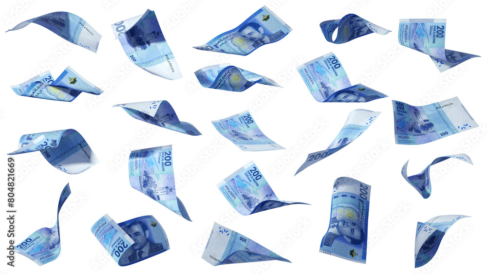 Obraz premium Moroccan dirham notes flying in different angles and orientations isolated on transparent background