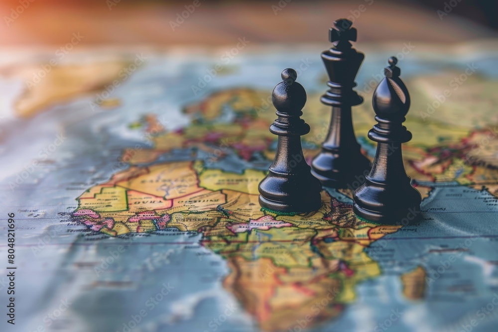 Chess Pieces Strategically Placed on a World Map Chess Pieces Strategically Placed on a World Map