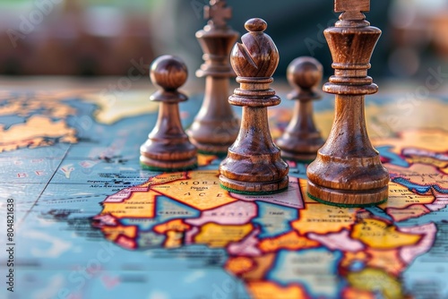 Chess Pieces Strategically Placed on a World Map