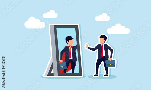 Self confidence, believing in oneself, positive attitude, and ambition drive success, concept of The businessman gazes at his powerful ideal self, a superhero, in the mirror