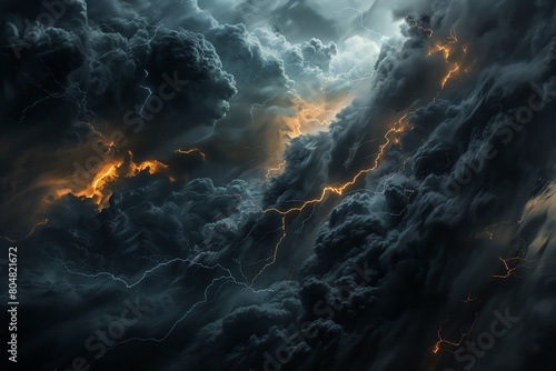 Craft a digital masterpiece showcasing photorealistic black storm clouds crackling with lightning 2 photo