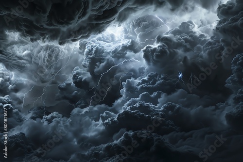 Design a dramatic scene of black storm clouds with vivid lightning strikes and billowing smoke 2