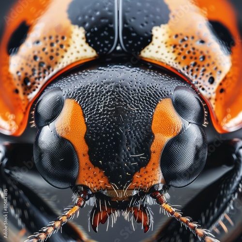 A close-up macro photo of the face and eyes of an orange and black beetle photo