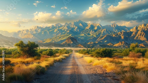 a beautiful road leading to the mountains in sunset
