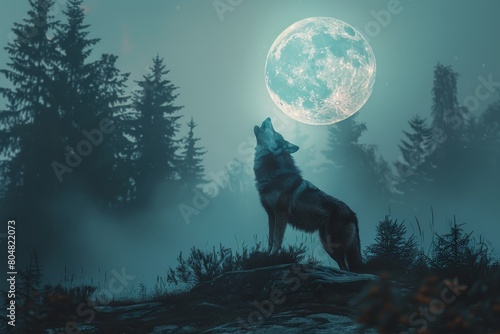 Wolf howling during full moon night in a forest © Kaleb