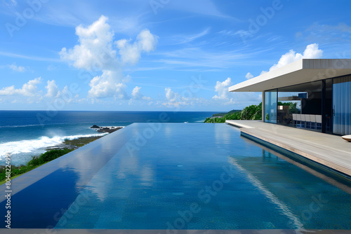 Modern contemporary illuminated house design exterior. Luxurious new construction home with panoramic windows  pool  patio