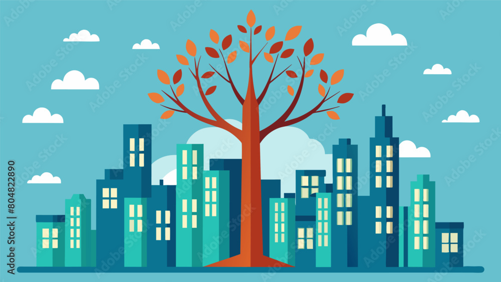 A single tree with its branches reaching towards the sky standing tall amidst a community of buildings. It serves as a reminder that although each. Vector illustration