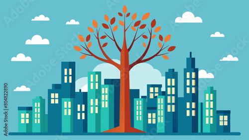 A single tree with its branches reaching towards the sky standing tall amidst a community of buildings. It serves as a reminder that although each. Vector illustration photo