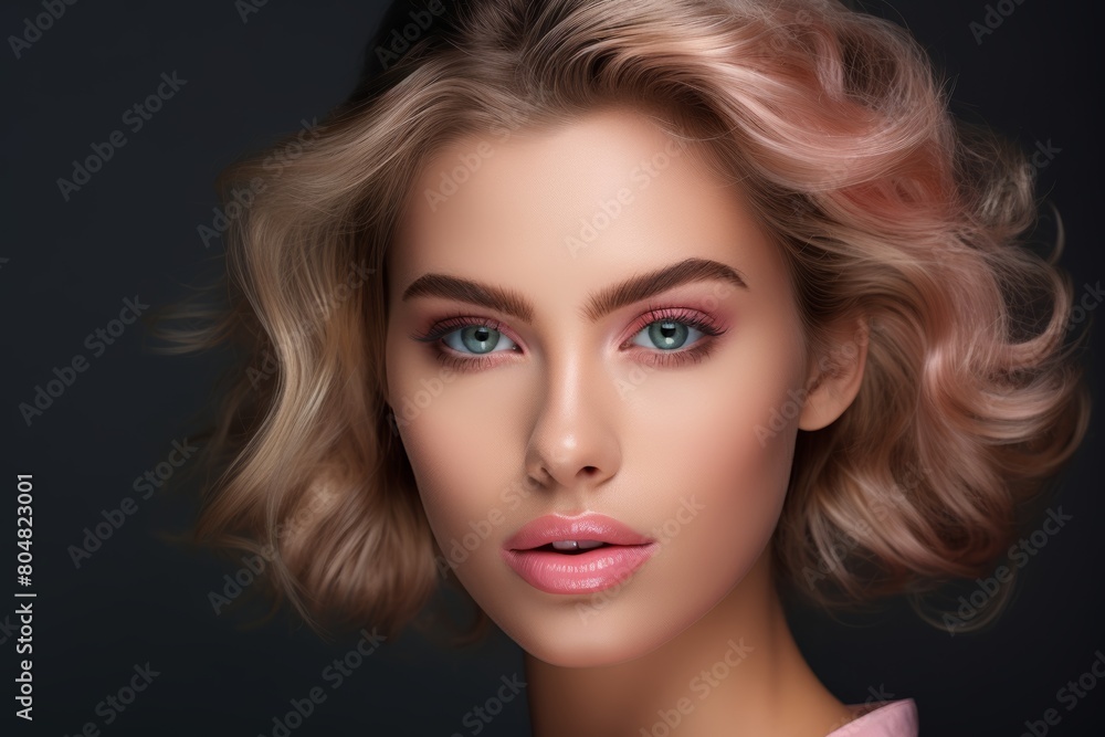 A Stunning Close-Up Portrait of a Model with Impeccable Makeup in a Professional Makeup Studio, Highlighting the Artistry and Precision of Cosmetic Application A Stunning Close-Up Portrait of a Model with Impeccable Makeup in a Professional Makeup Studio, Highlighting the Artistry and Precision of Cosmetic Application