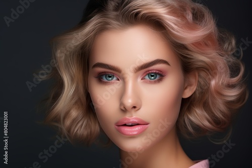 A Stunning Close-Up Portrait of a Model with Impeccable Makeup in a Professional Makeup Studio  Highlighting the Artistry and Precision of Cosmetic Application