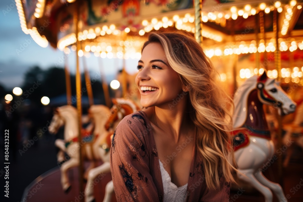A Radiant Smile Captured in the Glow of Twinkling Fairground Lights as the Carousel Horses Dance Merrily in the Background A Radiant Smile Captured in the Glow of Twinkling Fairground Lights as the Carousel Horses Dance Merrily in the Background