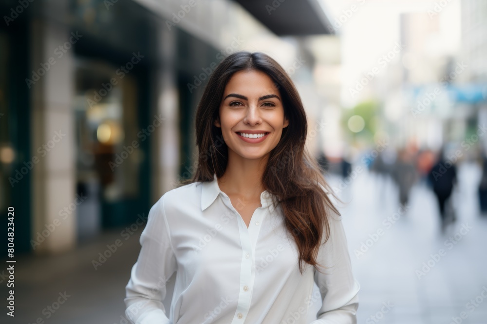 A Radiant Young Woman Smiling with Confidence as She Stands Before the Bustling City Shopping Center, Embracing Urban Life A Radiant Young Woman Smiling with Confidence as She Stands Before the Bustling City Shopping Center, Embracing Urban Life