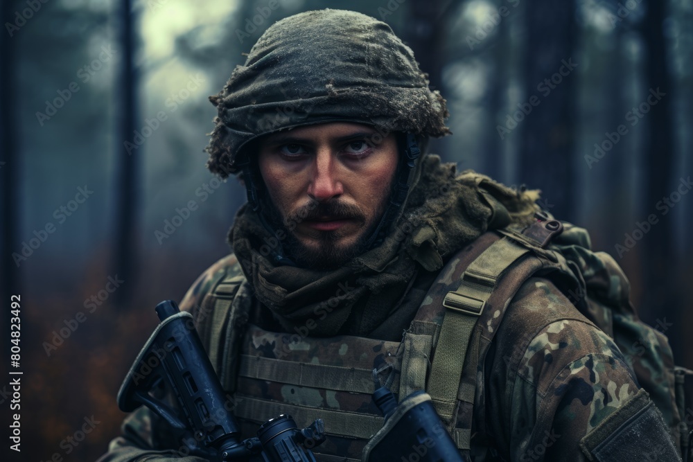 A Lone Warrior Stands Ready at Dawn, Geared Up in Camouflage for the Upcoming Airsoft Battle on the Field Ahead A Lone Warrior Stands Ready at Dawn, Geared Up in Camouflage for the Upcoming Airsoft Battle on the Field Ahead